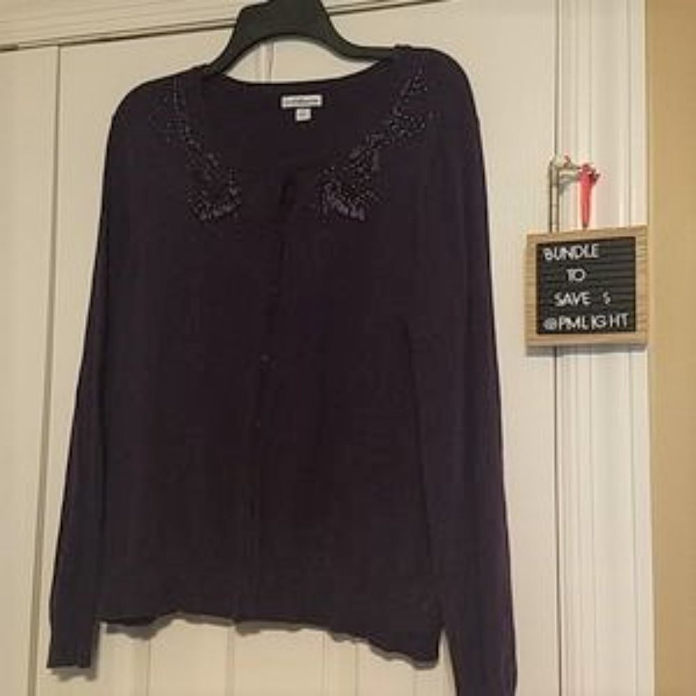 Croft & Barrow Purple Sweater XL Embroidered Ribbon Collar Long Sleeve
